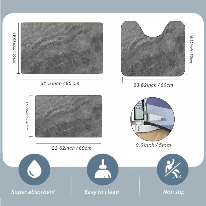 3-Piece Rectangle Non Slip Water Absorbent Bathroom Mat Set, 0.3-In Thick Rubber Foot Pad, Quick-Dry, Ideal for Bathroom Entrance, Under Sink Area, Kitchen Damp Spots