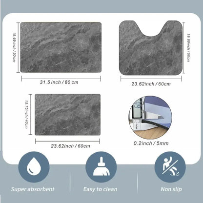 Bathroom 3-Piece Rectangle Set - 0.3in Thick Rubber Non-Slip, Soft Absorbent Quick-Dry Toilet Rug, Shower Floor Mat, Hotel Style for Bathroom Entrance, Kitchen Damp Areas