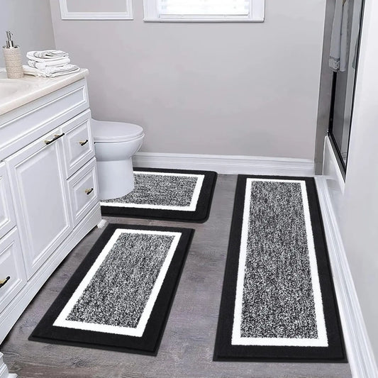 Blue Bathroom Rugs Set 3 Piece Non Slip Washable, Plush Absorbent Microfiber Bath Mat Shower Rug Runner Quick Dry, Super Soft U Shaped Toilet Mats Floor Carpet