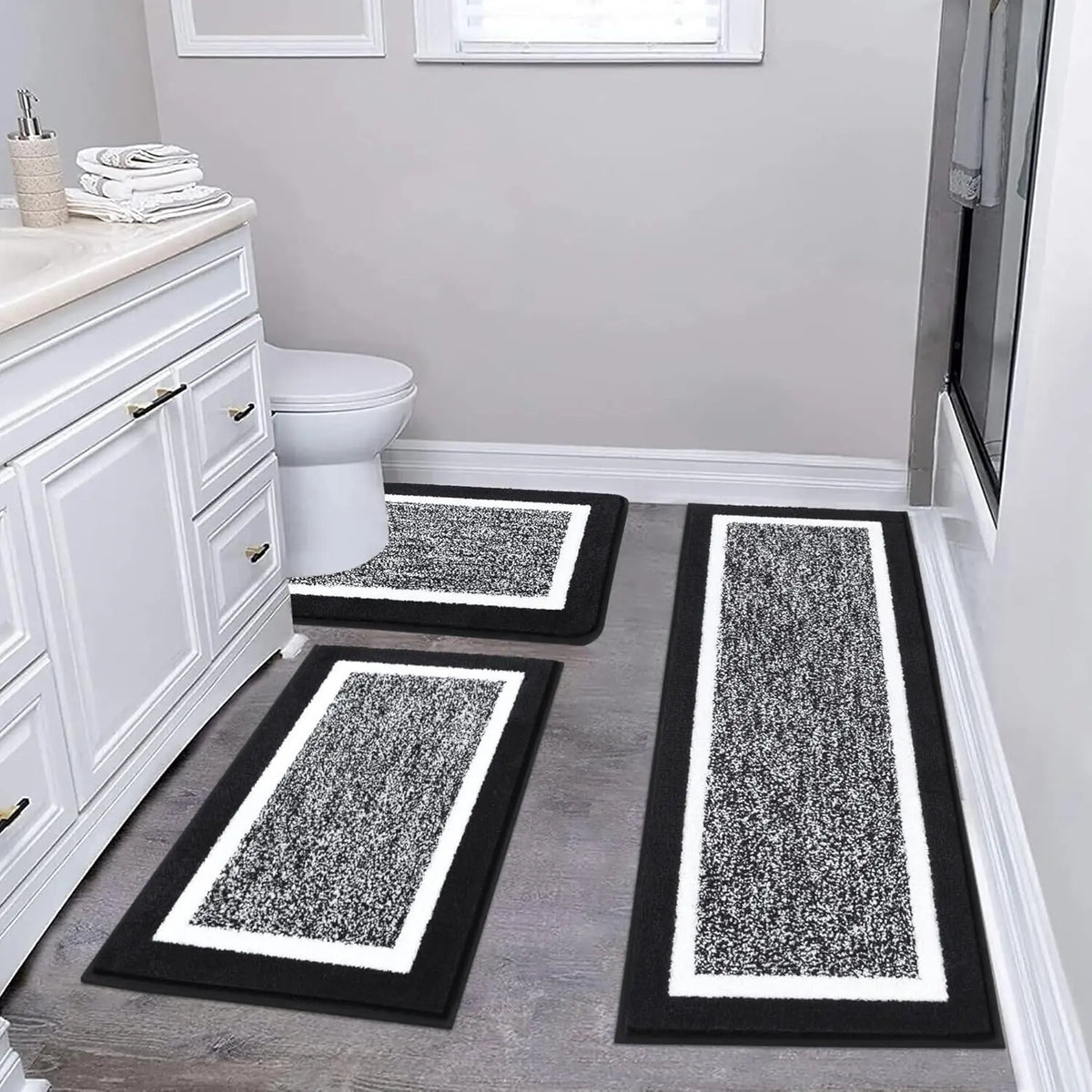 Dark Grey Bathroom Rugs Set 3 Piece Non Slip Washable, Plush Absorbent Microfiber Bath Mat Shower Rug Runner Quick Dry, Super Soft U Shaped Toilet Mats Floor Carpet Cozy Thick