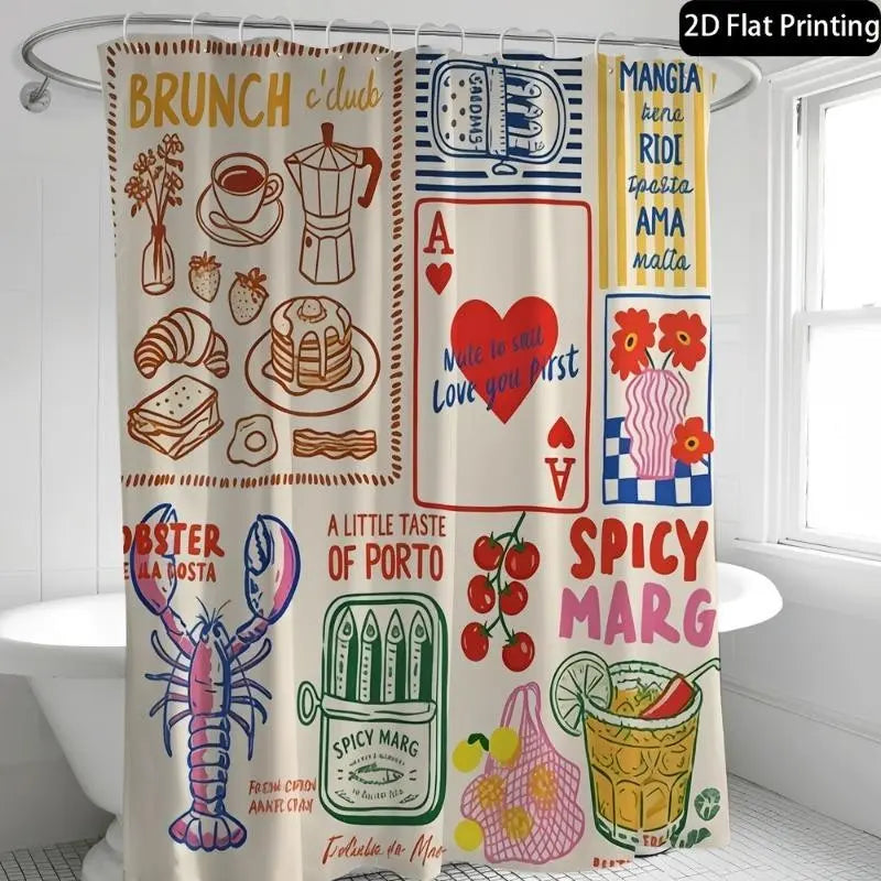 1pc 2D Flat Printing Hand-Drawn Graffiti Printed Shower Curtain, Unique Bathroom Decor, 12 Hooks, Boho Style, Paisley Pattern, Curtains