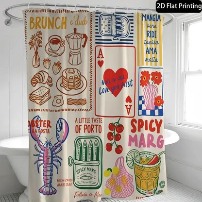 1pc 2D Flat Printing Hand-Drawn Graffiti Printed Shower Curtain, Unique Bathroom Decor, 12 Hooks, Boho Style, Paisley Pattern, Curtains