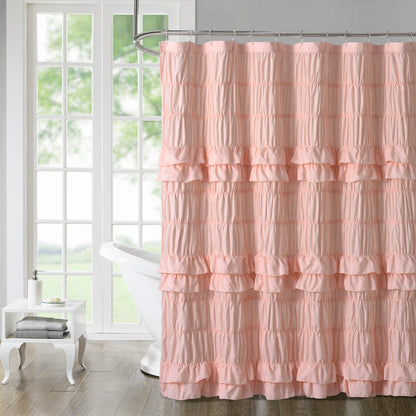 Ruffled Smocked Shower Curtain 72x72 Inch Farmhouse Shabby Chic Bathroom Decor Waterproof Fabric with Tiered Ruffles and Elastic Stretch