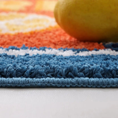 Oval Shape Decorative Bath Mat - Blue Synthetic Modern, Absorbent Soft, Non-Slip Rubber Backed Bathroom Mat, Machine Washable Cartoon Fish & Lemon Design Home Bathroom Supply