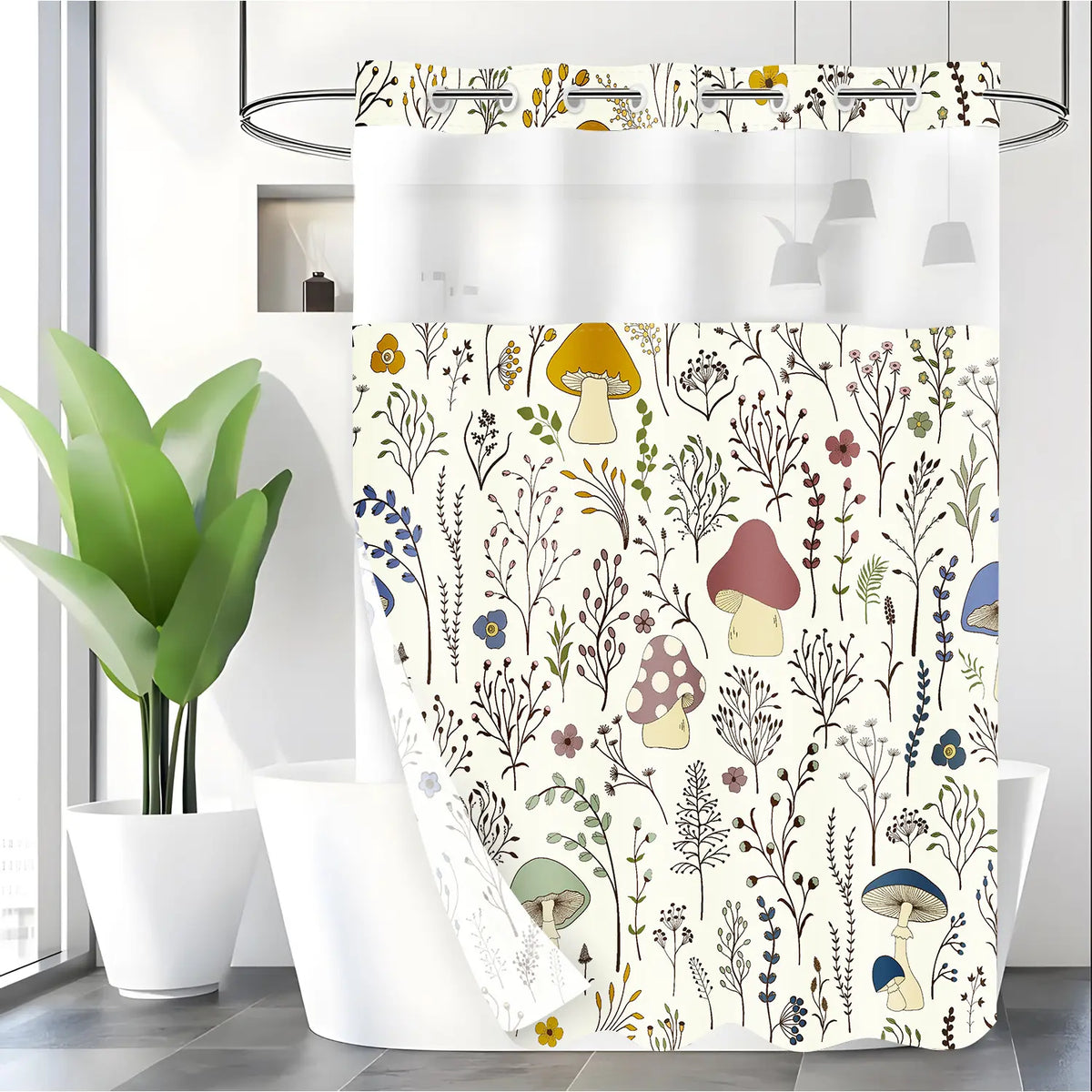 LVRLVR 1pc Boho Mushroom Floral Print Decorative Printed Shower Curtain with Sheer Top Window, Detachable Liner & No Hook C-Ring, Shower Curtain No Hooks, Hookless, 70.8" x 74"