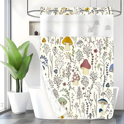 LVRLVR 1pc Boho Mushroom Floral Print Decorative Printed Shower Curtain with Sheer Top Window, Detachable Liner & No Hook C-Ring, Shower Curtain No Hooks, Hookless, 70.8" x 74"