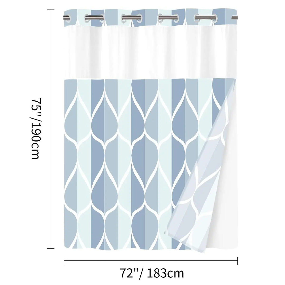 Geometric corrugated no hook shower curtain, double-layer shower curtain with inner lining, soft polyester fabric, fashionable and simple style home decoration, bathroom accessory, 72x75in