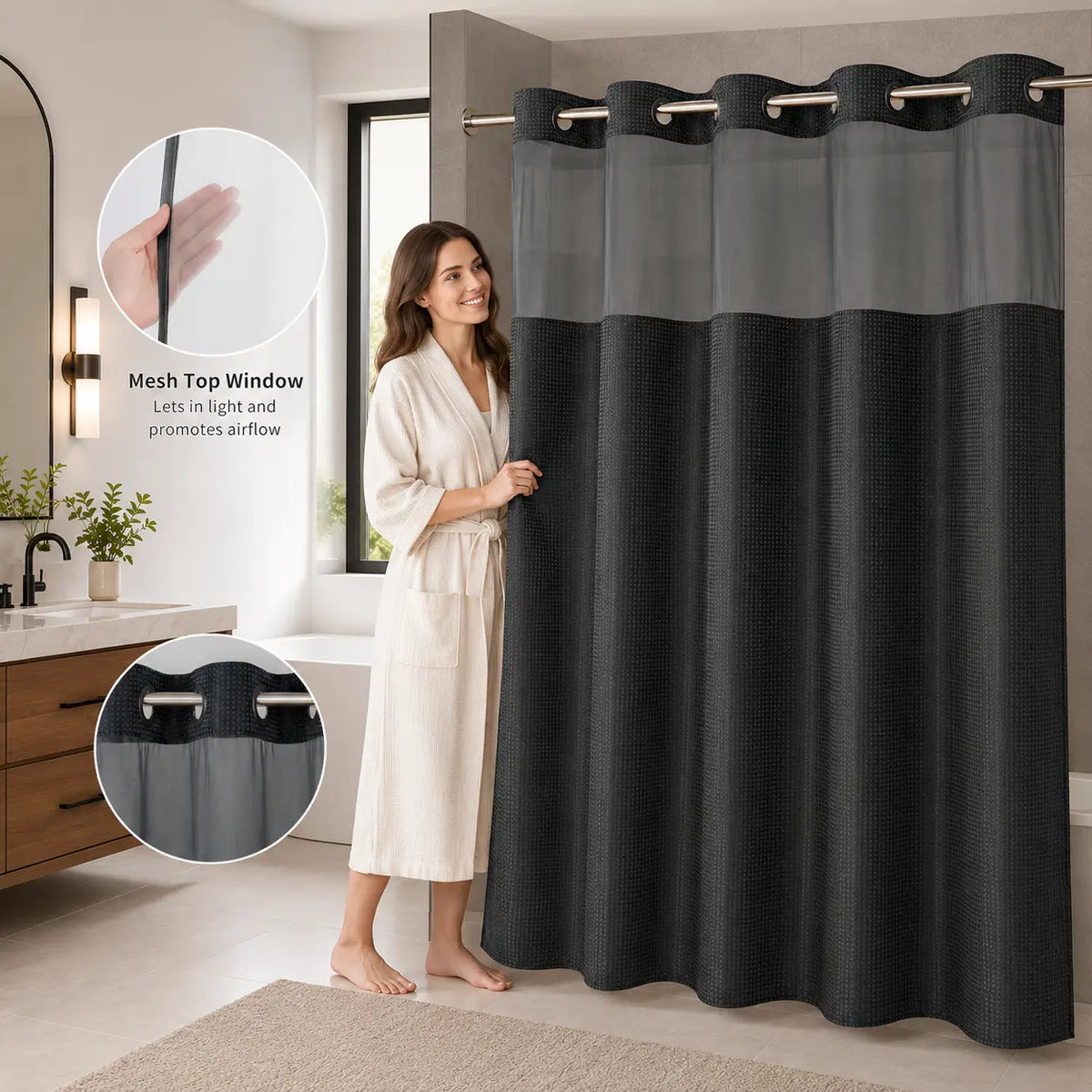 Hookless Waffle-Weave Shower Curtain Set, 72x75 in, with Washable White Fabric Liner (Snap Closures, Mesh Top), Waterproof Hotel-Style Bathroom Accessory for Home/Salon, Home Decor Supplies, Shower Curtains, Hookless Shower Curtain