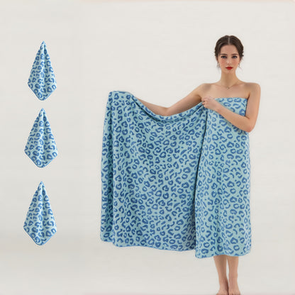 4pcs Oversized Leopard Print Bath Towel Set • Full Body Wrap, Hand Towel, and Hair Towel • 1 Ultra-Soft Coral Bath Towel 200x105cm + 3 Square Towels 35x35cm • Quick-Drying, Lint-Free, Durable • Suitable for Home, Beach, Outdoor Use • Perfect Holiday