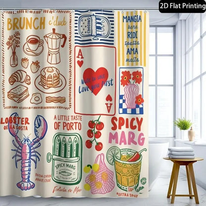 1pc 2D Flat Printing Hand-Drawn Graffiti Printed Shower Curtain, Unique Bathroom Decor, 12 Hooks, Boho Style, Paisley Pattern, Curtains
