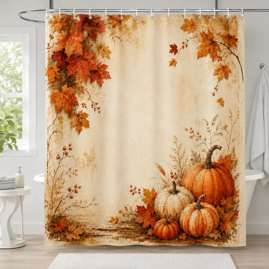 Fall Shower Curtain, Pumpkin Maple Leaves Vintage Wood Bathroom Curtain, Autumn Harvest Farmhouse Thanksgiving Bathroom Decor, Waterproof Polyester Fabric Shower Curtain with Hooks, 72x72 Inch