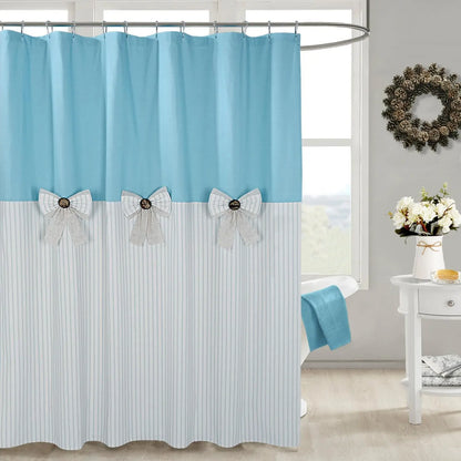 Grey Farmhouse Pleated Stripe Shower Curtain - French Country Ticking Stripe Cotton Blend Fabric, Bowknot Accents, Textural Design, 72w x 78l (Pack of 1), 12 Button Holes, Bathroom Use, Cold Wash, Rustic Decor, Easy Installation