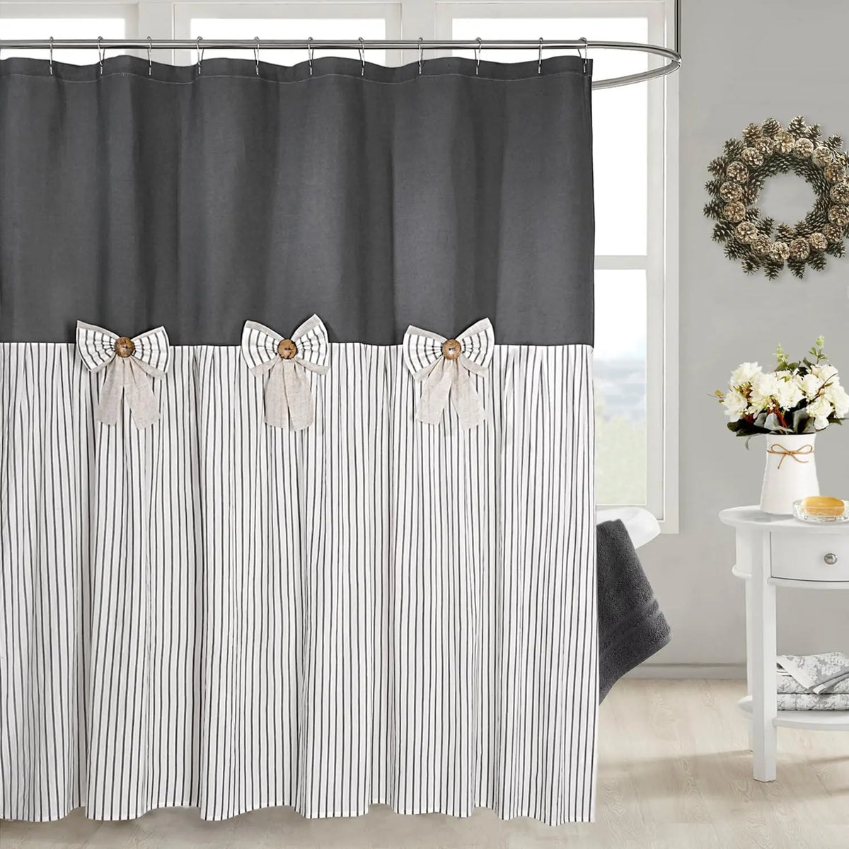 Grey Farmhouse Pleated Stripe Shower Curtain - French Country Ticking Stripe Cotton Blend Fabric, Bowknot Accents, Textural Design, 72w x 78l (Pack of 1), 12 Button Holes, Bathroom Use, Cold Wash, Rustic Decor, Easy Installation