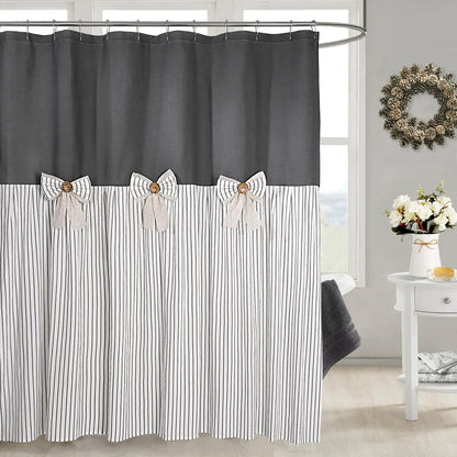 Grey Farmhouse Pleated Stripe Shower Curtain - French Country Ticking Stripe Cotton Blend Fabric, Bowknot Accents, Textural Design, 72w x 78l (Pack of 1), 12 Button Holes, Bathroom Use, Cold Wash, Rustic Decor, Easy Installation