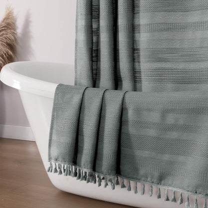OVZME Natural Linen Shower Curtain for Bathroom, Boho Farmhouse Rustic Striped Shower Curtain with Tassel, Textured Heavy Duty Vintage Country Bathroom Curtain, 72Wx72L Inches