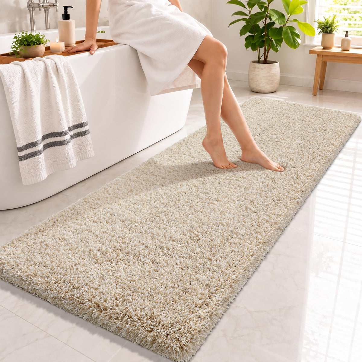 Yimobra Bathroom Rugs Non Slip Washable, Ultra Soft and Water Absorbent Bath Mats, Fluffy Shower Mat Outside, Plush Matts for Bathroom Floor/Sink, 24X17, Home Decor Accessories, Light Gray and White
