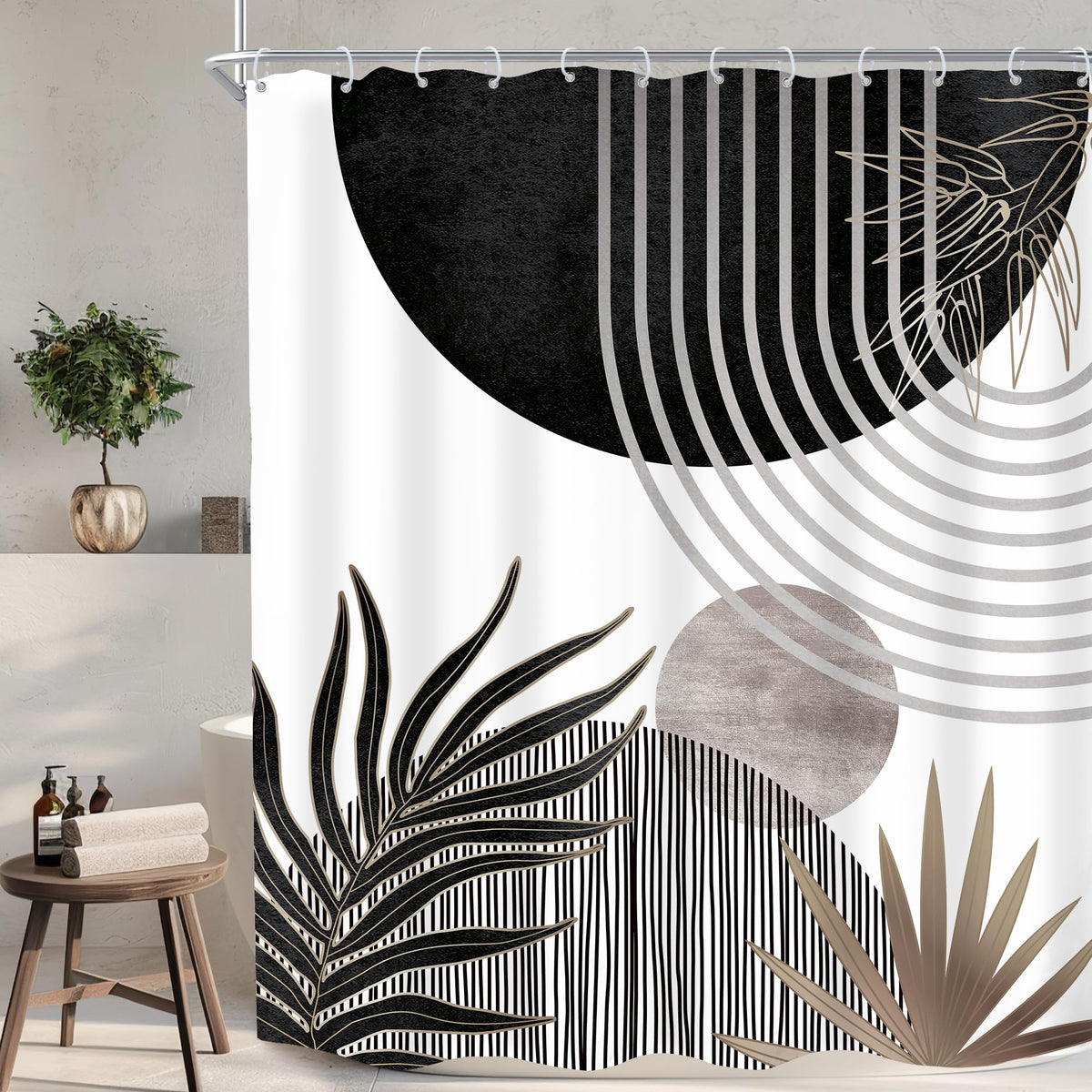 KOMLLEX Mid Century Green Boho Shower Curtain, Abstract Modern Shower Curtains for Bathroom, Plant Botanical Minimalist Leaf Arch Sun Fabric Liner Waterproof Polyester 12 Pack Hooks 60Wx72L Inches