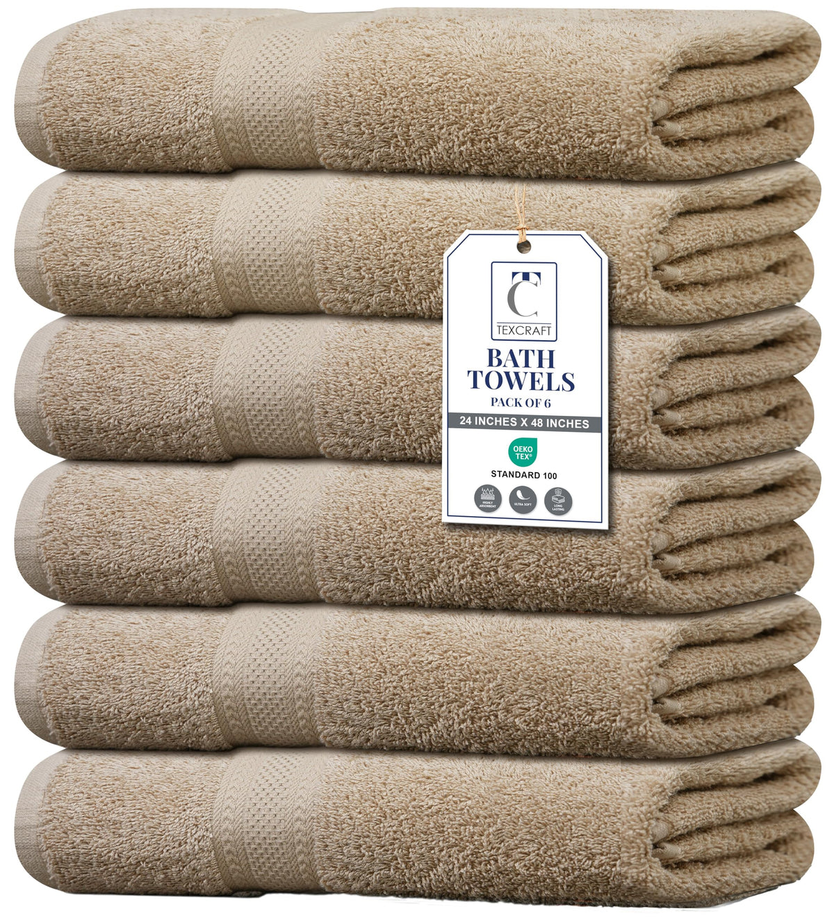 Large Bath Towels Set of 6 – 100% Cotton Terry – 24" x 50" – Quick Dry, Soft & Highly Absorbent – Grey Towels for Bathroom, Gym, Spa, Pool & Daily Use