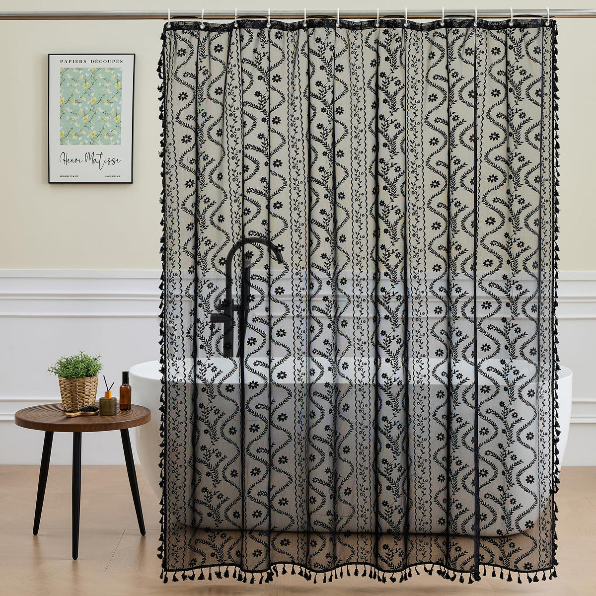 WAZZIO Dark Sage Green Lace Shower Curtain for Bathroom 72" W x 72" L, Victorian Farmhouse Floral Pattern Tassel Fancy Shower Curtain Boho Washable Cloth Decorative Bath Curtains,1 Panel