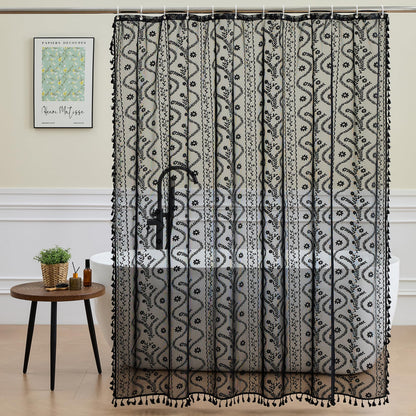 WAZZIO Dark Sage Green Lace Shower Curtain for Bathroom 72" W x 72" L, Victorian Farmhouse Floral Pattern Tassel Fancy Shower Curtain Boho Washable Cloth Decorative Bath Curtains,1 Panel