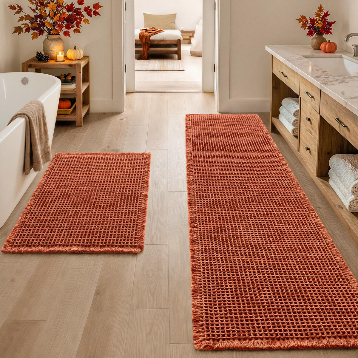 MIULEE Set of 2 Waffle Bathroom Rugs Boho Bath Mat Brown 18x30 Inch