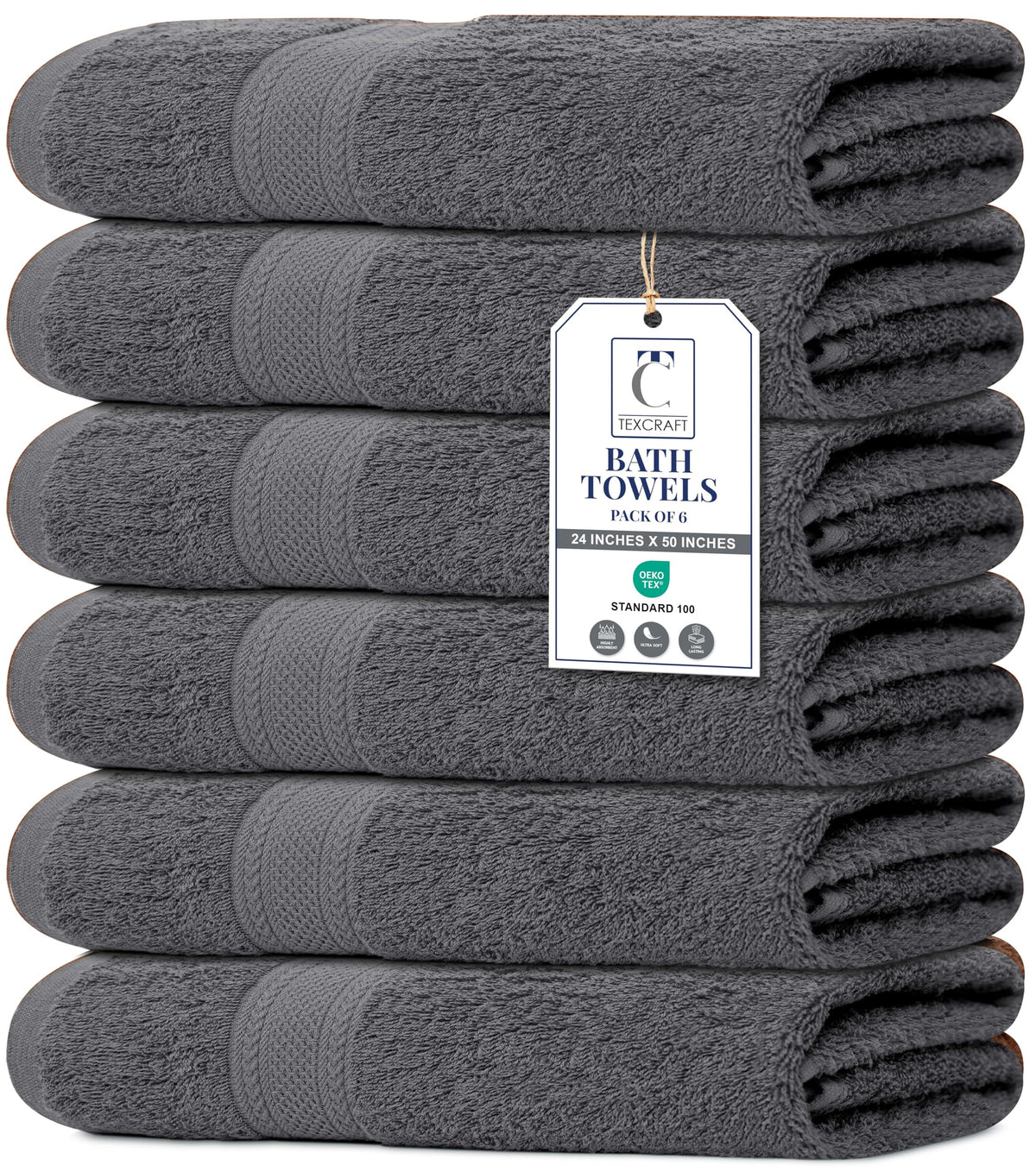 Large Bath Towels Set of 6 – 100% Cotton Terry – 24" x 50" – Quick Dry, Soft & Highly Absorbent – Grey Towels for Bathroom, Gym, Spa, Pool & Daily Use