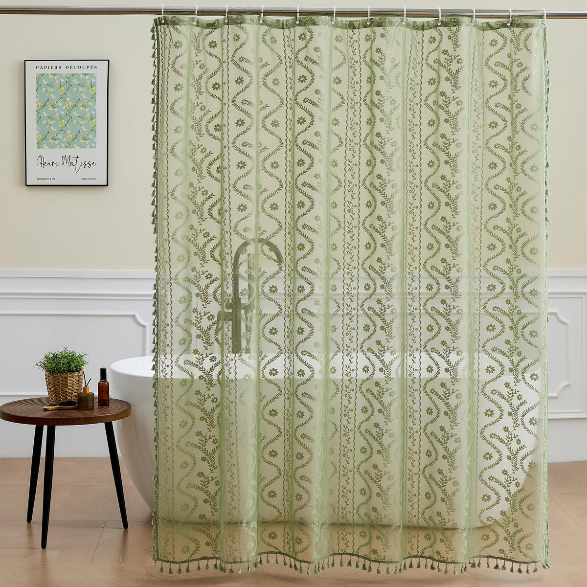 WAZZIO Dark Sage Green Lace Shower Curtain for Bathroom 72" W x 72" L, Victorian Farmhouse Floral Pattern Tassel Fancy Shower Curtain Boho Washable Cloth Decorative Bath Curtains,1 Panel