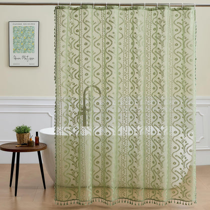 WAZZIO Dark Sage Green Lace Shower Curtain for Bathroom 72" W x 72" L, Victorian Farmhouse Floral Pattern Tassel Fancy Shower Curtain Boho Washable Cloth Decorative Bath Curtains,1 Panel