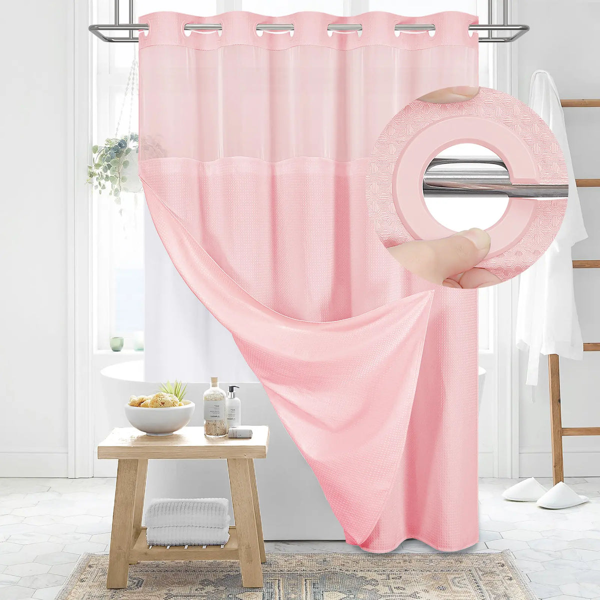 DYNAMENE Premium No-Hook Washable Waffle Weave Shower Curtain Set, Heavy-Duty Double Layer with Snap-In Detachable Waterproof Liner & Mesh Window, Contemporary Matte Finish Bathroom Accessory for Hotel-Inspired Bathroom Look