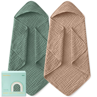 Yoofoss Hooded Baby Bath Towels 2 Pack 100% Muslin Organic Cotton with Hood