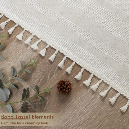 OVZME Natural Linen Shower Curtain for Bathroom, Boho Farmhouse Rustic Striped Shower Curtain with Tassel, Textured Heavy Duty Vintage Country Bathroom Curtain, 72Wx72L Inches