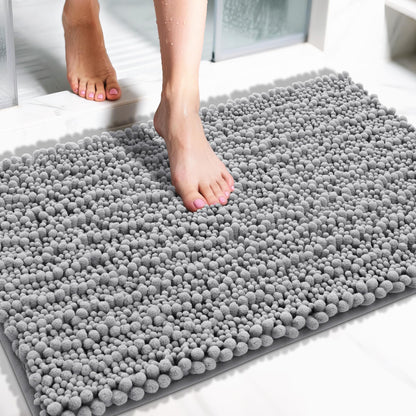 Yimobra Bathroom Rugs Non-Slip Washable – Extra Soft & Absorbent Chenille Bath Mat, Quick-Dry Plush Shaggy Floor & Vanity Bath Rugs for Tub & Shower, Modern Home Decor Accessories, 24 x 17, Grey