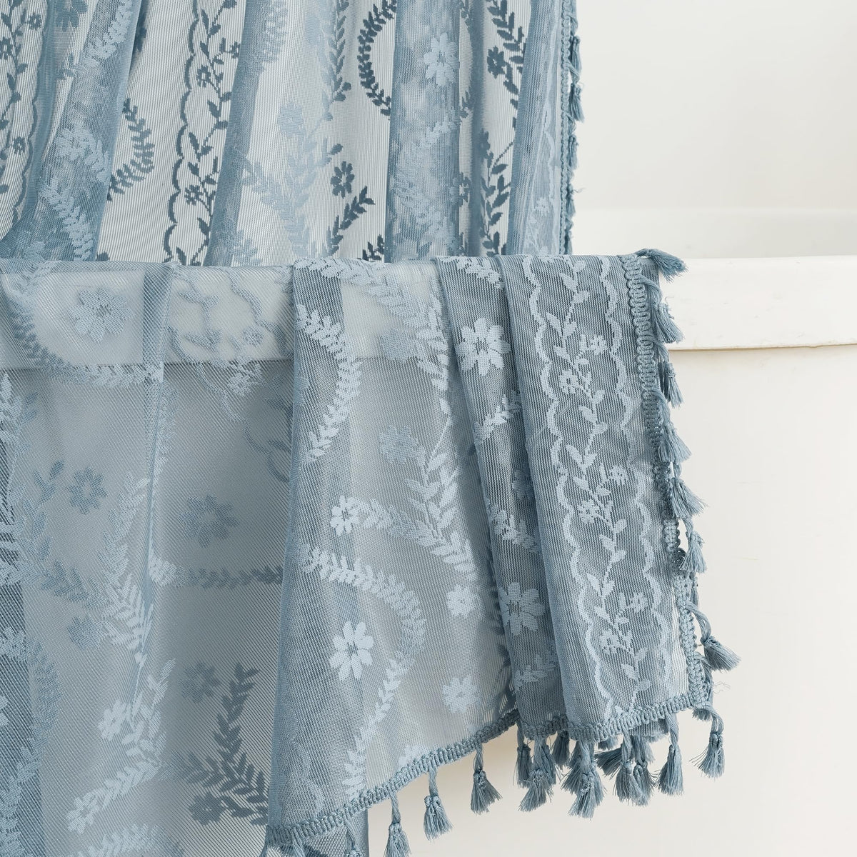 WAZZIO Dark Sage Green Lace Shower Curtain for Bathroom 72" W x 72" L, Victorian Farmhouse Floral Pattern Tassel Fancy Shower Curtain Boho Washable Cloth Decorative Bath Curtains,1 Panel