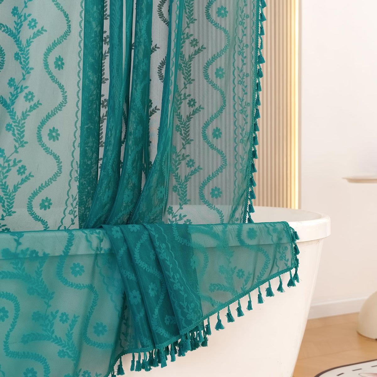 WAZZIO Dark Sage Green Lace Shower Curtain for Bathroom 72" W x 72" L, Victorian Farmhouse Floral Pattern Tassel Fancy Shower Curtain Boho Washable Cloth Decorative Bath Curtains,1 Panel