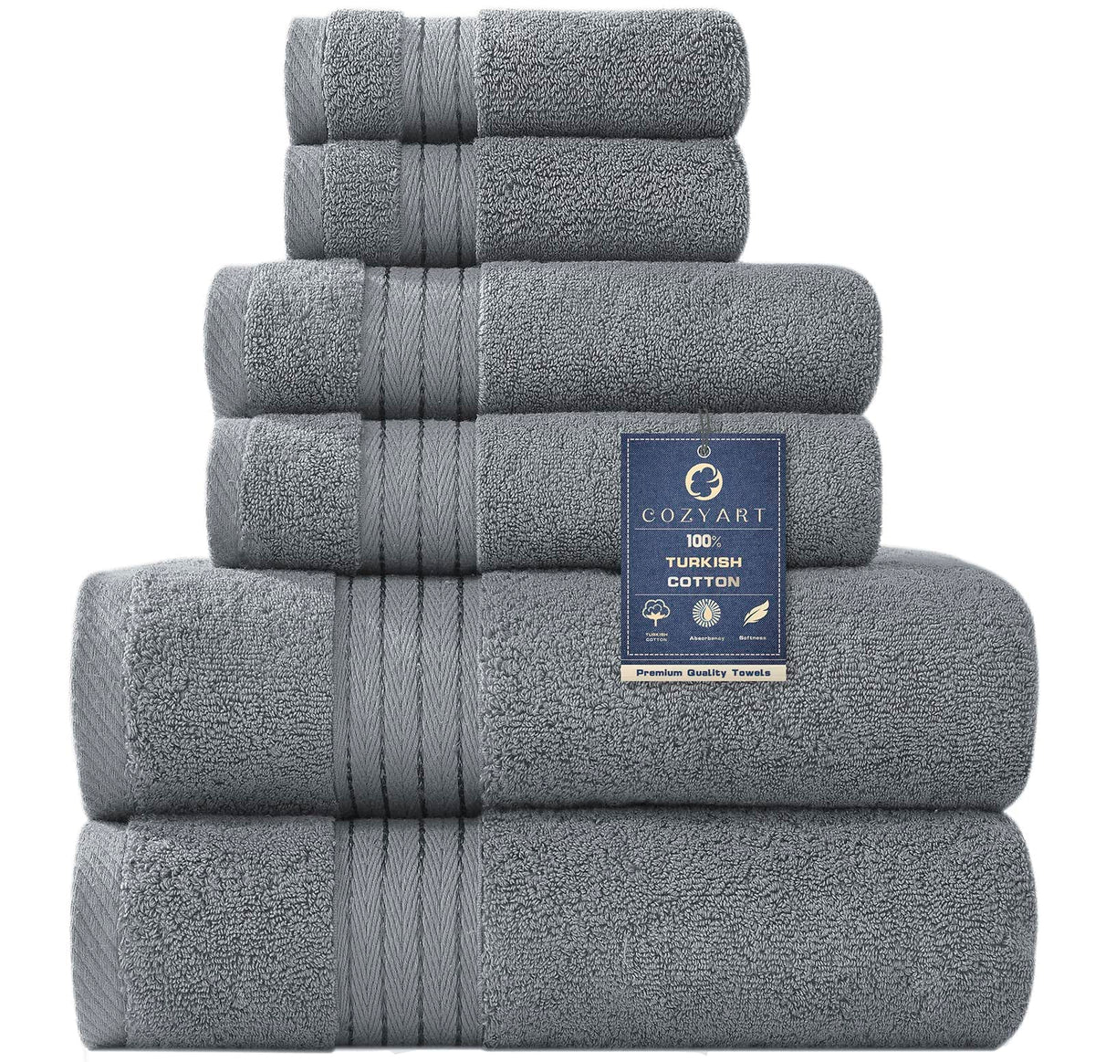COZYART Luxury Bath Towel Set 6 Pcs, Dark Green 100% Turkish Cotton 650 GSM