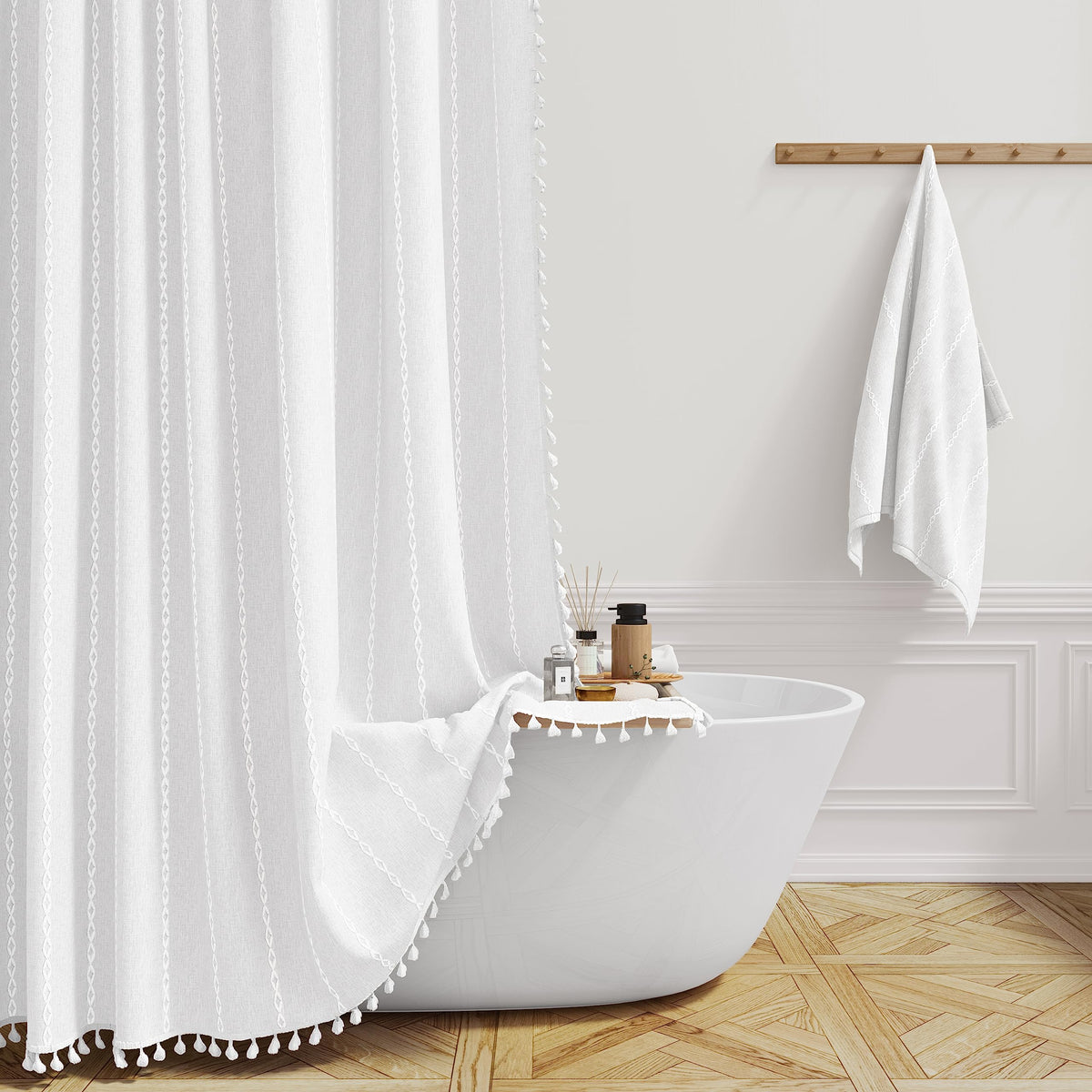 BTTN Cream Boho Farmhouse Linen Heavy Duty Shower Curtain Set, 72x72, Beige