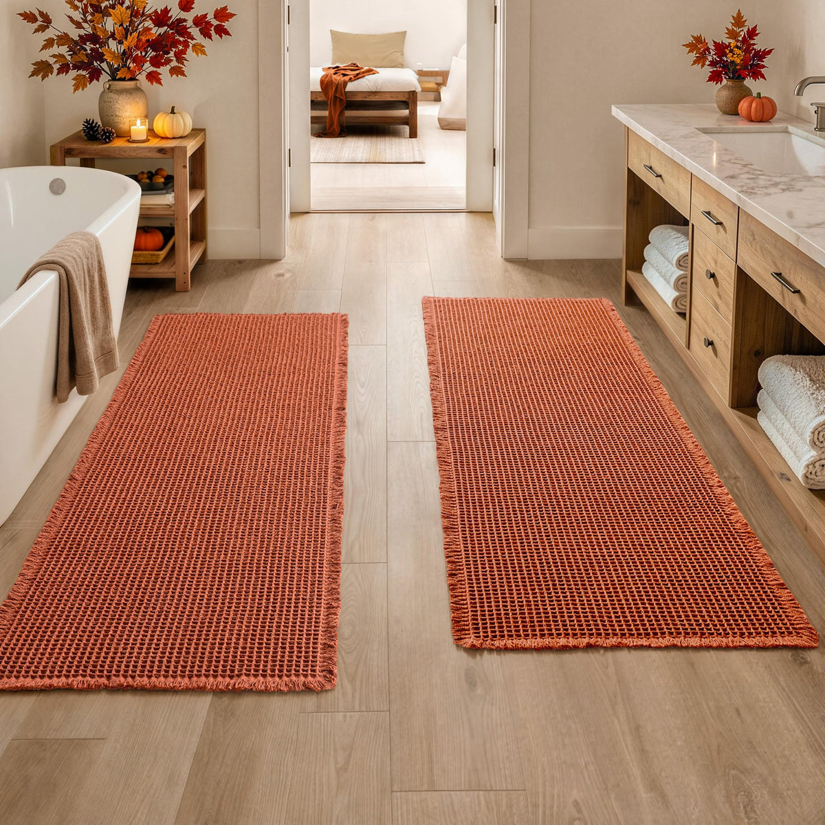 MIULEE Set of 2 Waffle Bathroom Rugs Boho Bath Mat Brown 18x30 Inch