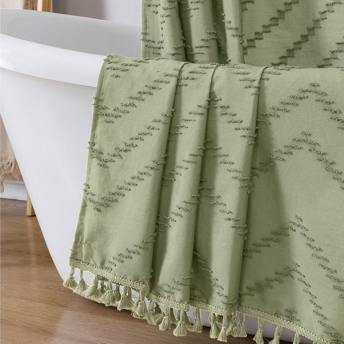 OWENIE Boho Shower Curtain, White Fabric Cloth Shower Curtains Farmhouse Tufted Chevron Striped Textured with Tassel for Bathroom, Soft Hotel Style Modern Minimalist, Machine Washable, 72x72, White
