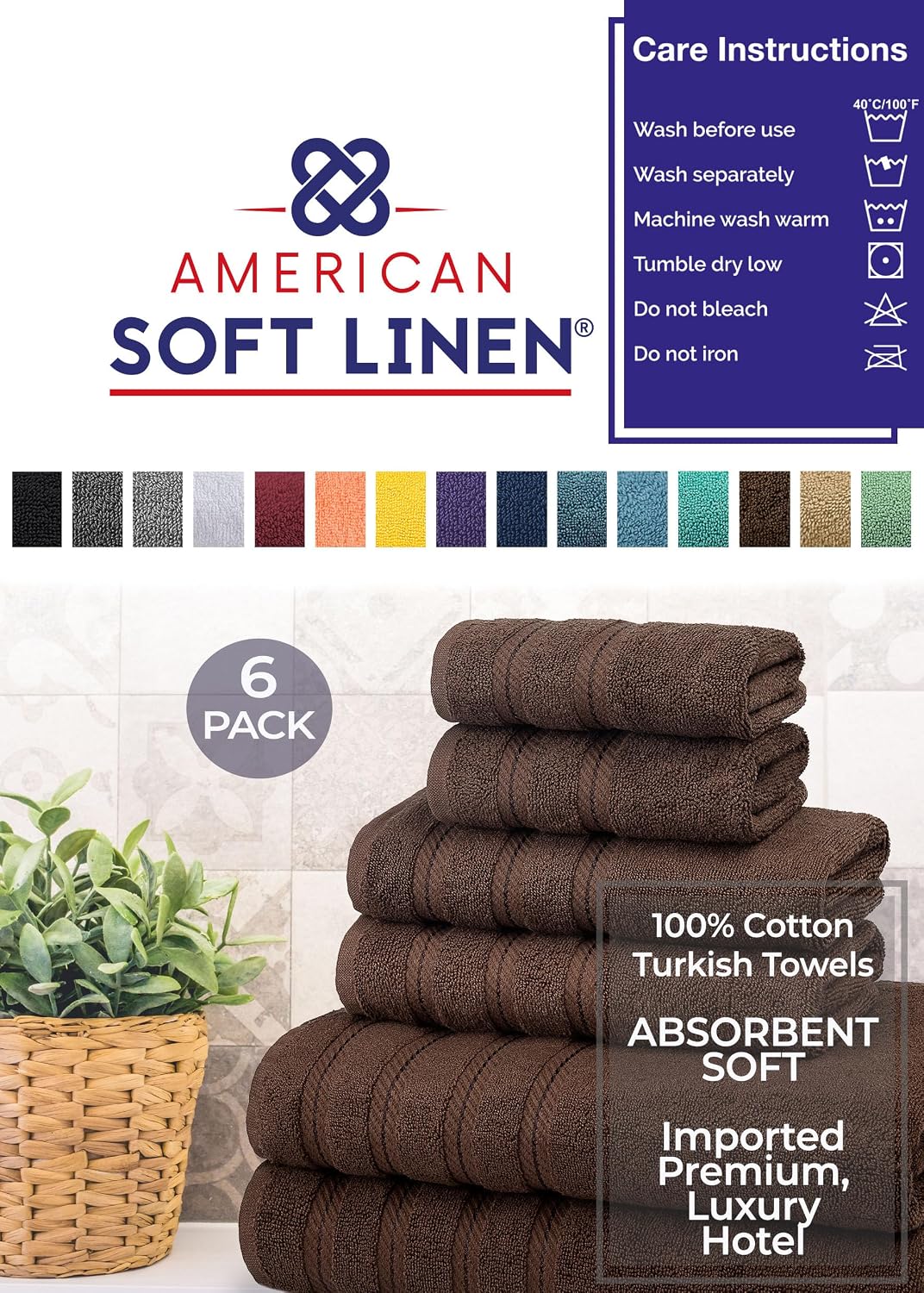 American Soft Linen 100% Carde Cotton 6 Piece Towel Set, 590 GSM Heavy Weight Soft Absorbent Turkish Towels for Bathroom, Dark Brown