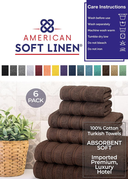American Soft Linen 100% Carde Cotton 6 Piece Towel Set, 590 GSM Heavy Weight Soft Absorbent Turkish Towels for Bathroom, Dark Brown