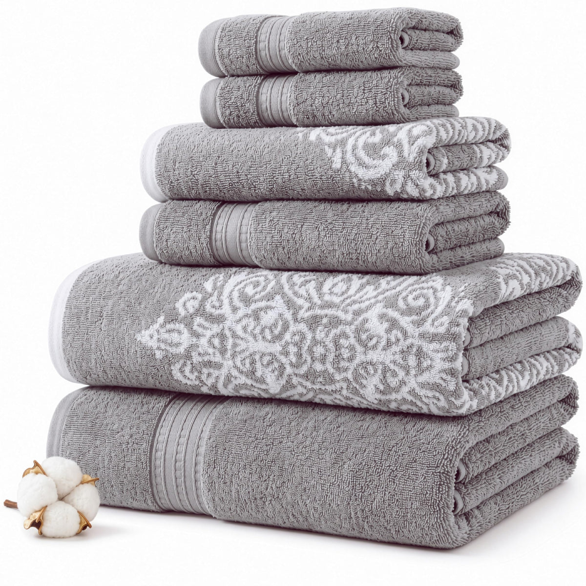 Modern Threads 6-Piece 100% Cotton Damask Medallion Towel Set, Sage