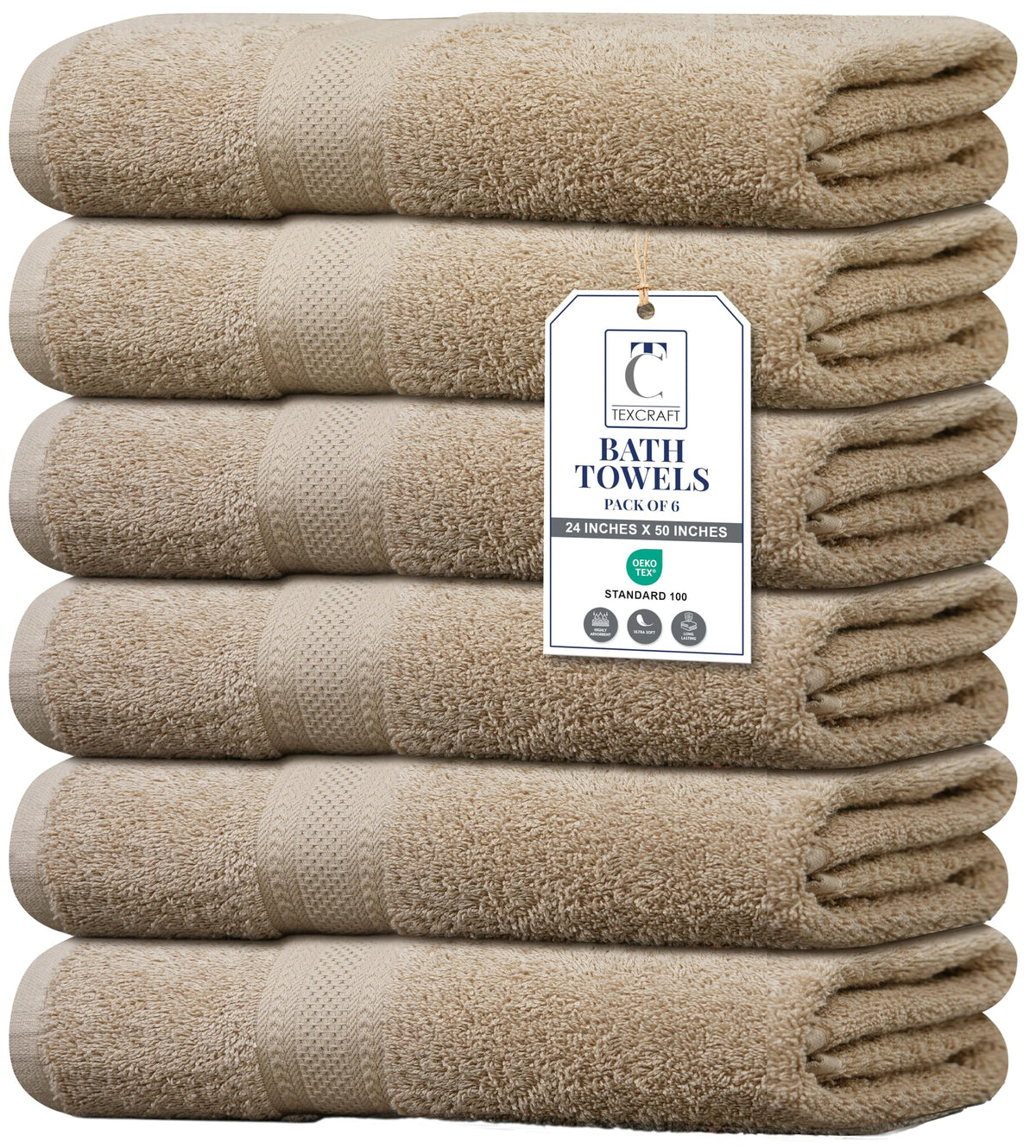 Large Bath Towels Set of 6 – 100% Cotton Terry – 24" x 50" – Quick Dry, Soft & Highly Absorbent – Grey Towels for Bathroom, Gym, Spa, Pool & Daily Use