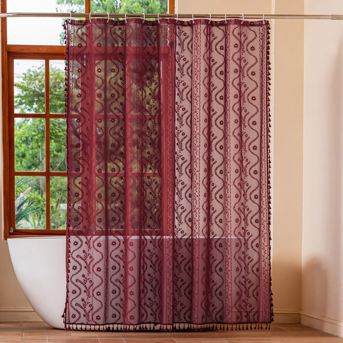 WAZZIO Dark Sage Green Lace Shower Curtain for Bathroom 72" W x 72" L, Victorian Farmhouse Floral Pattern Tassel Fancy Shower Curtain Boho Washable Cloth Decorative Bath Curtains,1 Panel