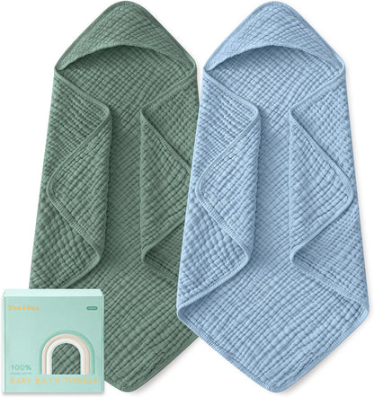 Yoofoss Hooded Baby Bath Towels 2 Pack 100% Muslin Organic Cotton with Hood