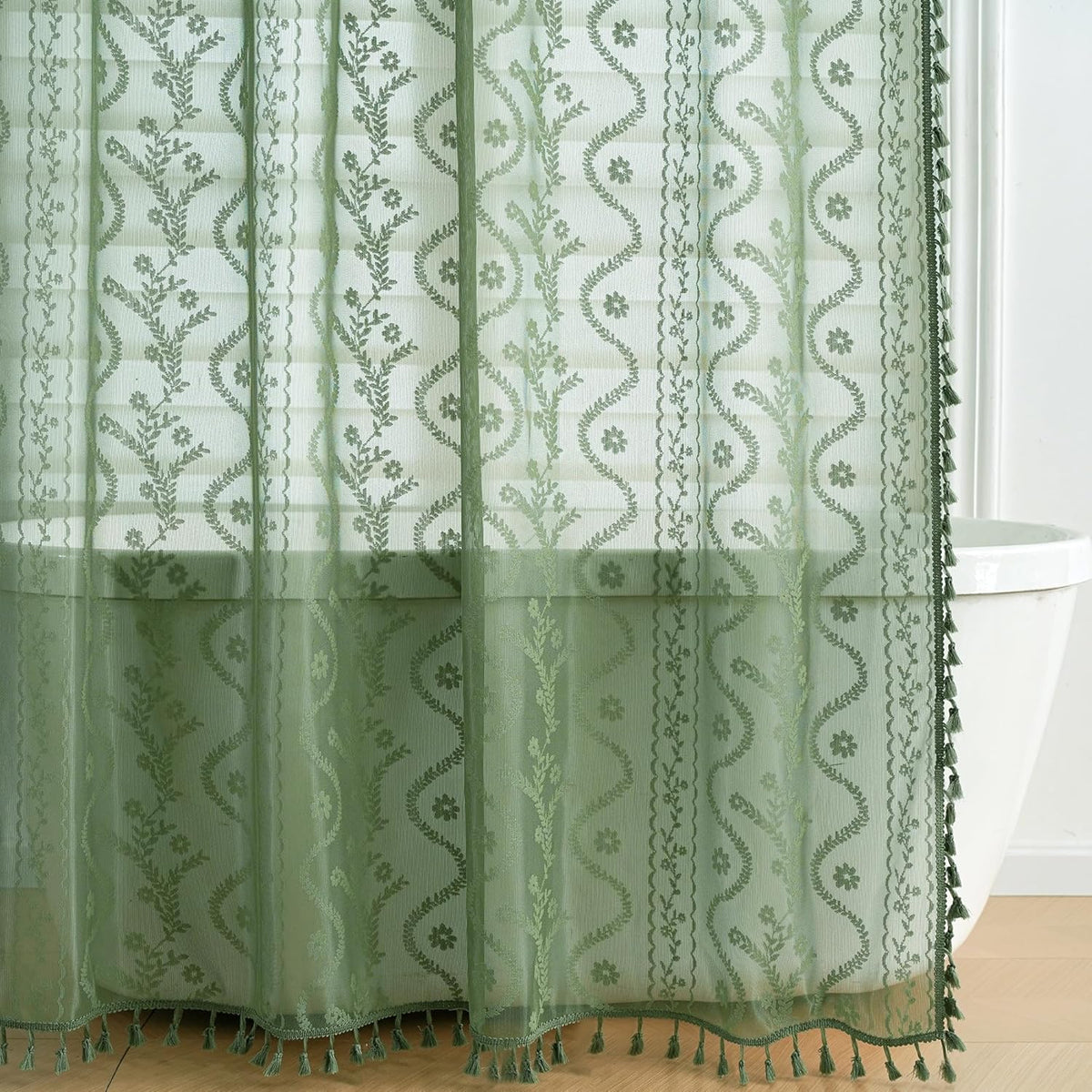 WAZZIO Dark Sage Green Lace Shower Curtain for Bathroom 72" W x 72" L, Victorian Farmhouse Floral Pattern Tassel Fancy Shower Curtain Boho Washable Cloth Decorative Bath Curtains,1 Panel