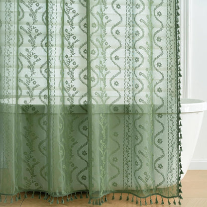 WAZZIO Dark Sage Green Lace Shower Curtain for Bathroom 72" W x 72" L, Victorian Farmhouse Floral Pattern Tassel Fancy Shower Curtain Boho Washable Cloth Decorative Bath Curtains,1 Panel