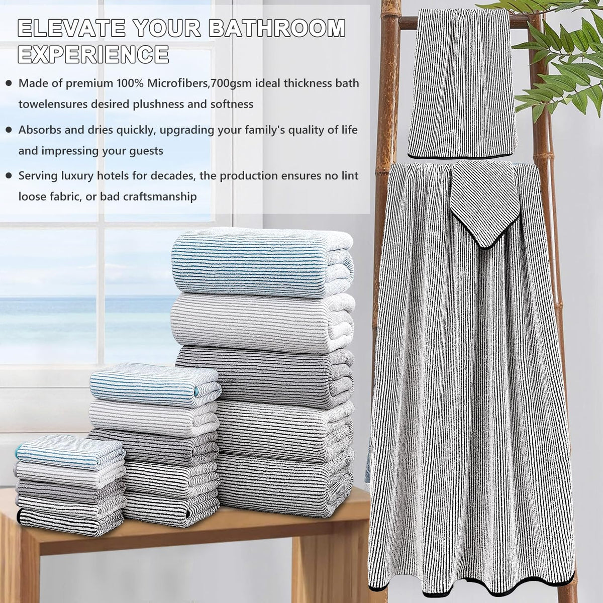 4 Piece Bath Towel Set 35"x70"Oversized Bath Towel for Bathroom Ultra Soft Fluffy Extra Large Bath Sheet Luxury Premium Bathroom Towel Highly Absorbent Quick Dry Shower Towel for Hotel Spa,Black White