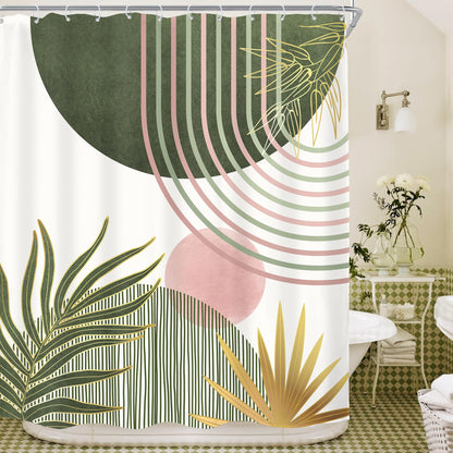 KOMLLEX Mid Century Green Boho Shower Curtain, Abstract Modern Shower Curtains for Bathroom, Plant Botanical Minimalist Leaf Arch Sun Fabric Liner Waterproof Polyester 12 Pack Hooks 60Wx72L Inches