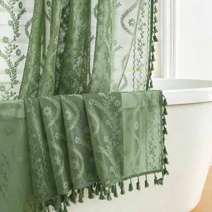 WAZZIO Dark Sage Green Lace Shower Curtain for Bathroom 72" W x 72" L, Victorian Farmhouse Floral Pattern Tassel Fancy Shower Curtain Boho Washable Cloth Decorative Bath Curtains,1 Panel