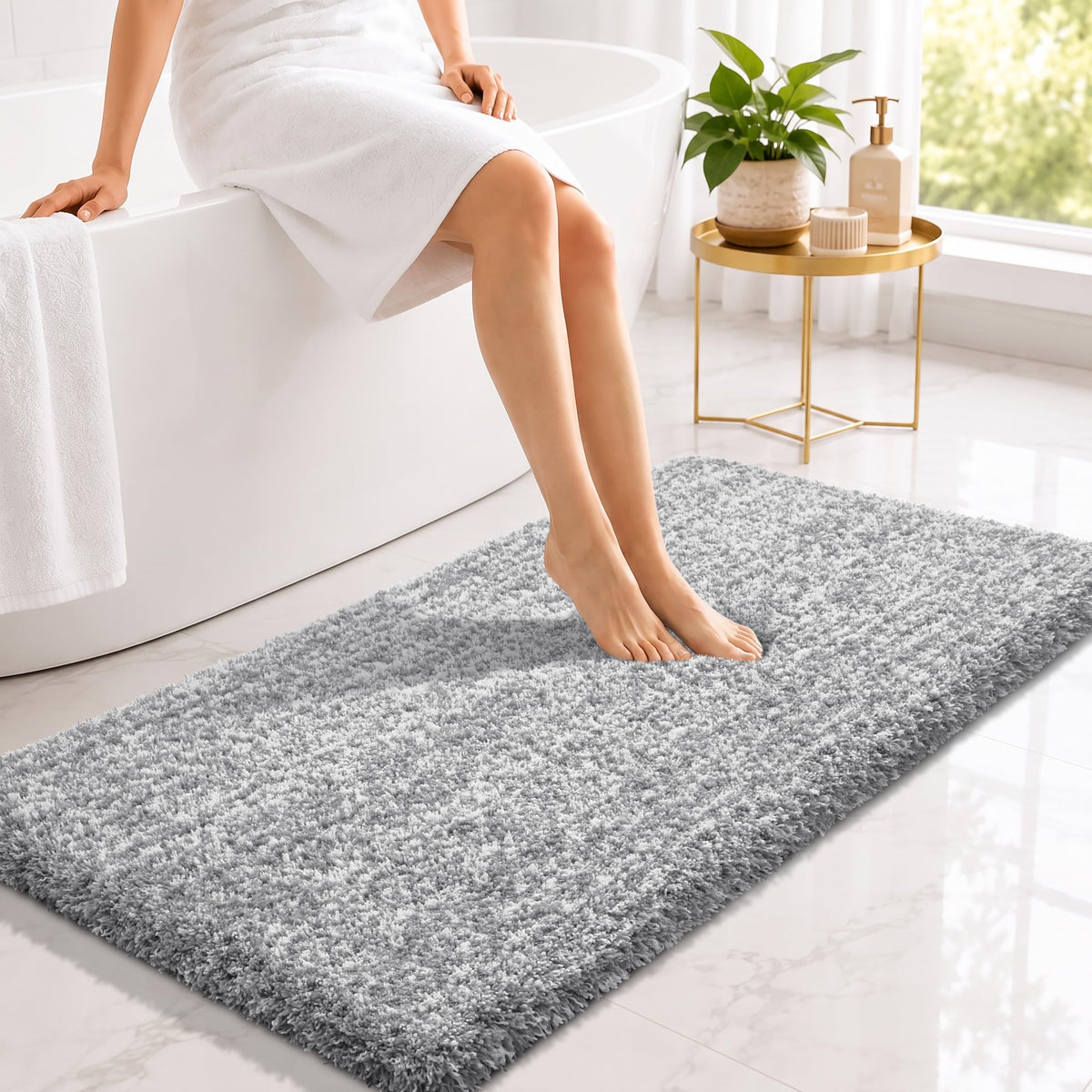 Yimobra Bathroom Rugs Non Slip Washable, Ultra Soft and Water Absorbent Bath Mats, Fluffy Shower Mat Outside, Plush Matts for Bathroom Floor/Sink, 24X17, Home Decor Accessories, Light Gray and White